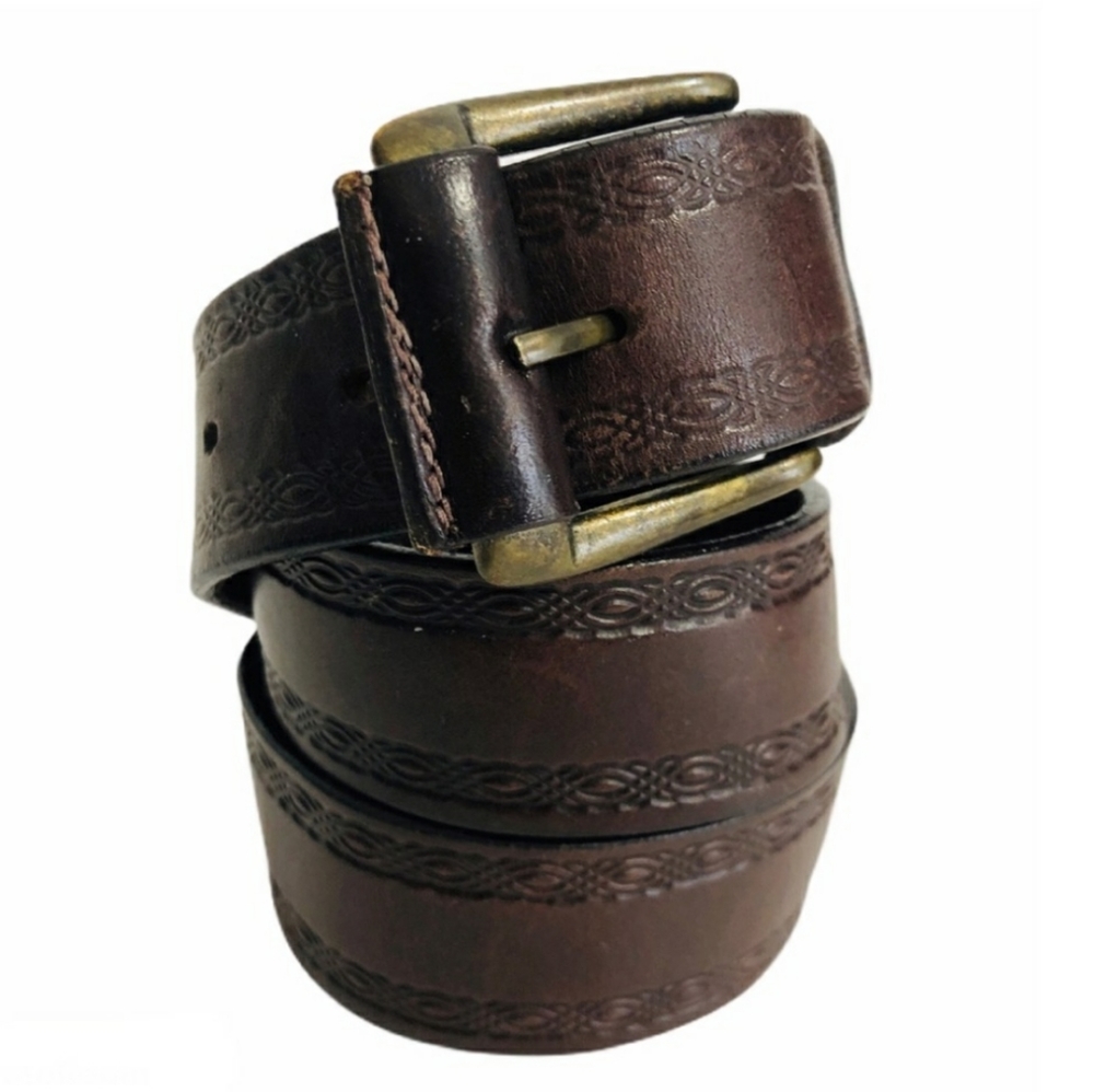 Vintage Tooled Leather Belt Brown Pewter Buckle S